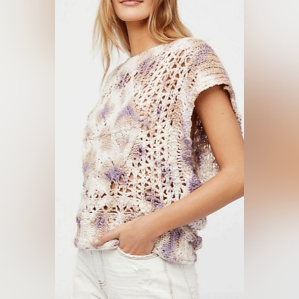 Free People- Tie Dye Women's Crochet Top in Cream and Purple- EUC Sz M